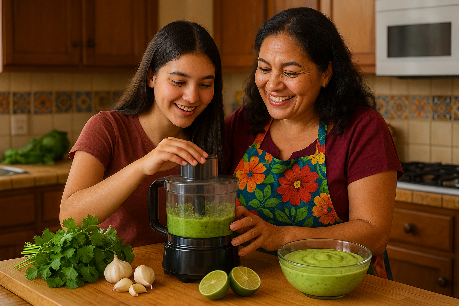 a colombian mother daughter making a green garlic cilantro aoli